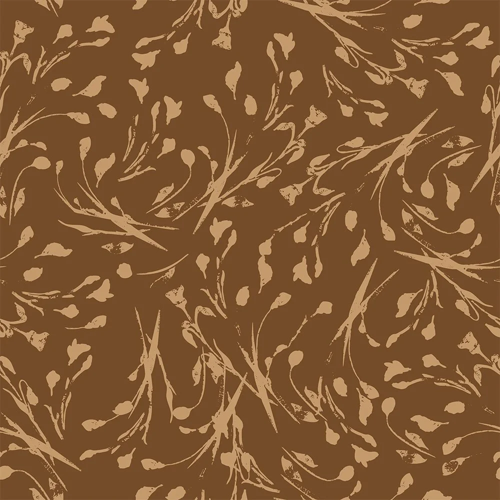 pattern of tan floral sprays on a dark brown background
