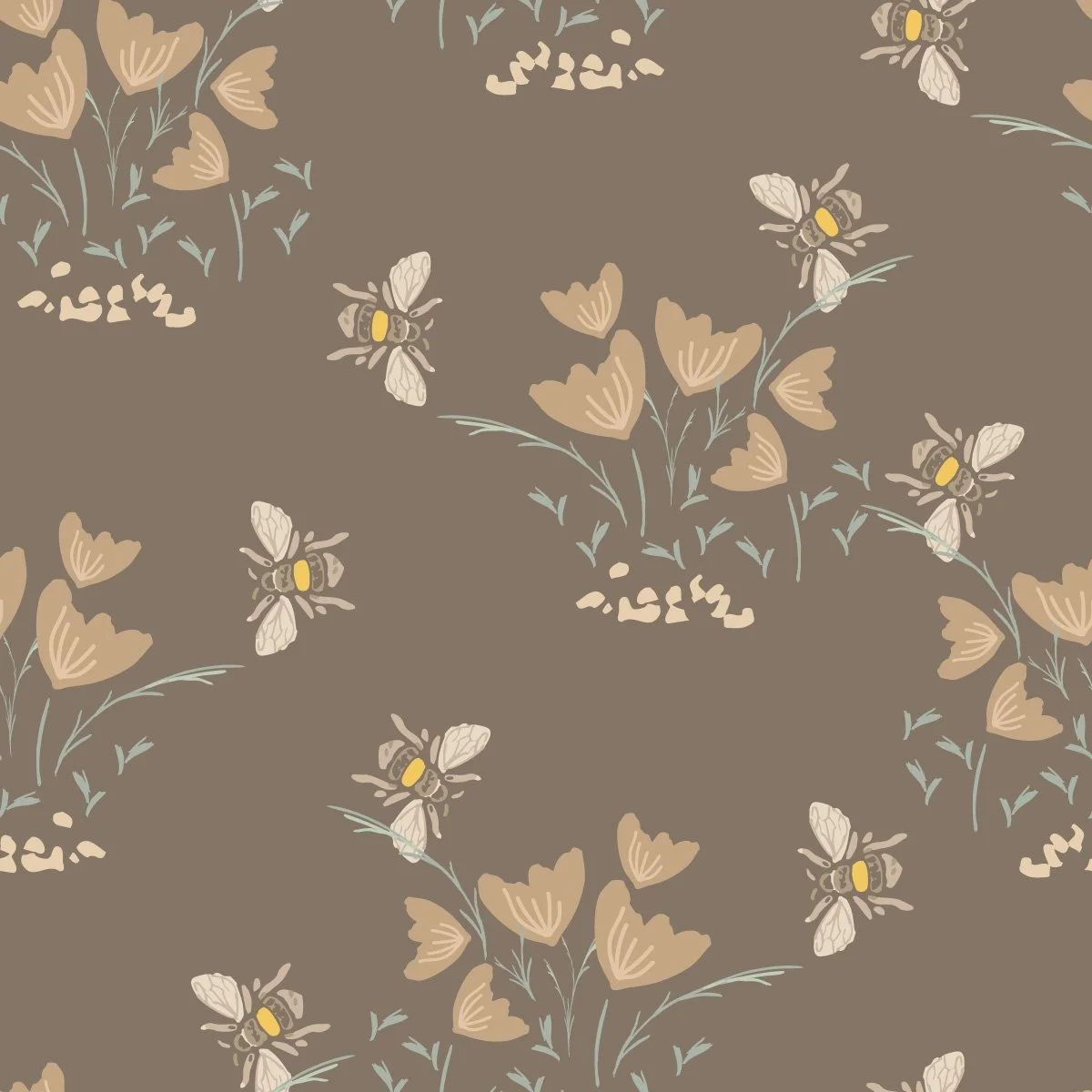 pattern of bees and flowers on a brown background