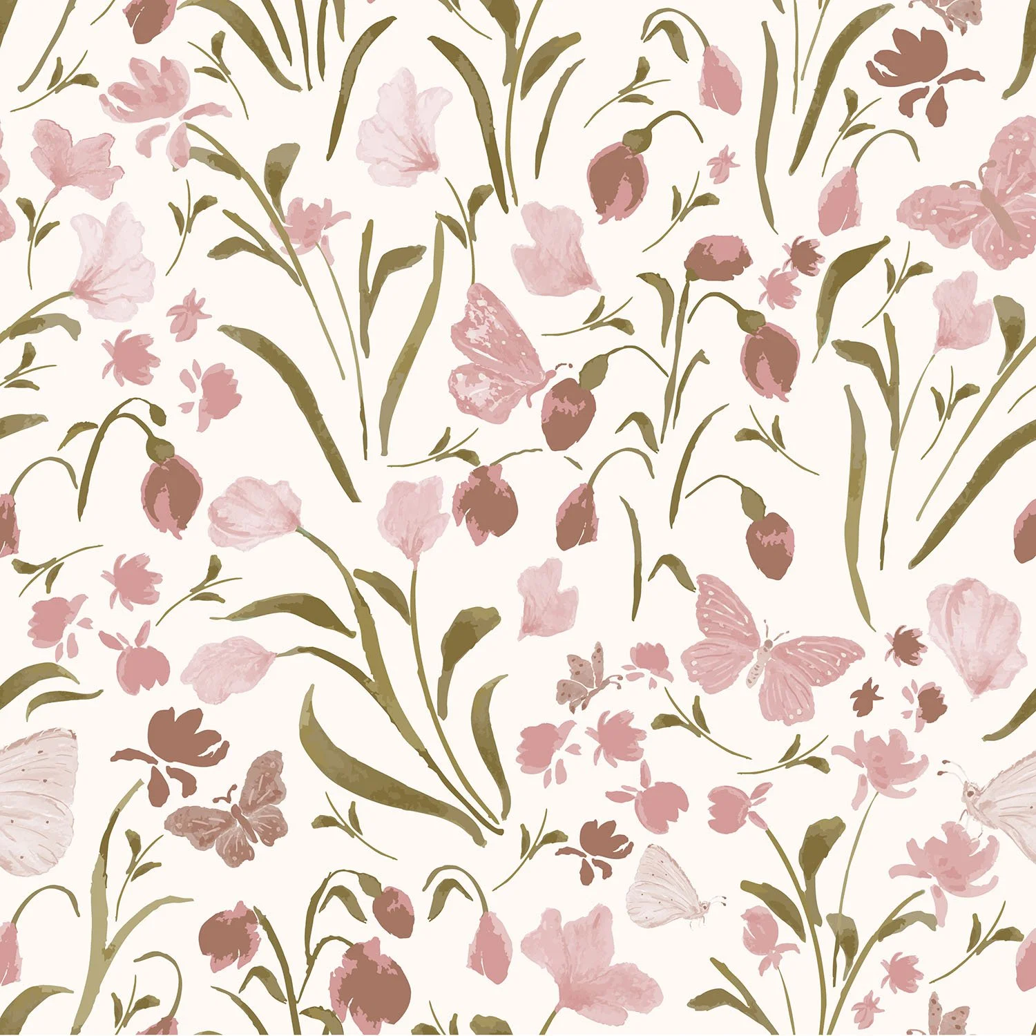 cream pattern with pink toned flowers and butterflies