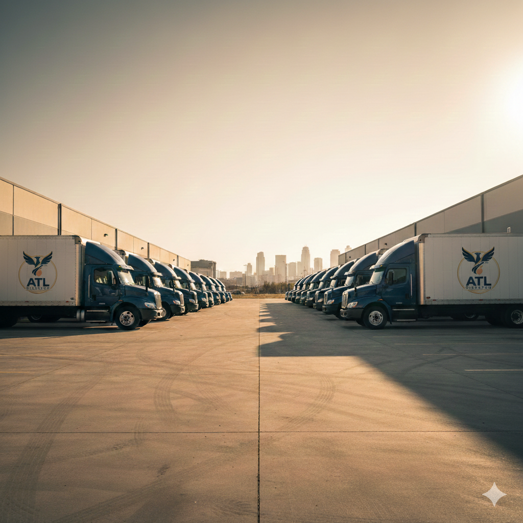 Fleet of ATL Dispatch trucks parked in a lot with a city skyline in the background.