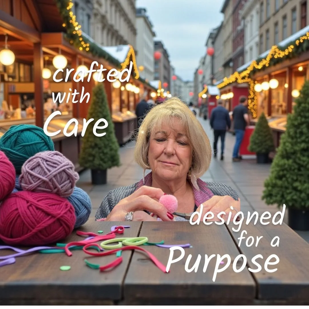 A woman sitting at a table outdoors, knitting with colorful yarn and crafting supplies, with a festive street decorated with lights and small trees in the background.