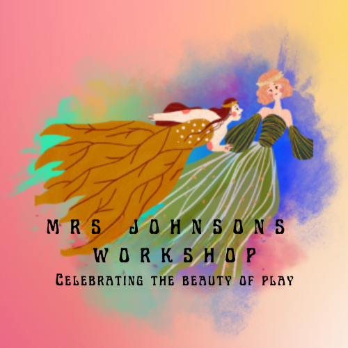 Illustration of two women, one with long dark hair and brown feathered dress, the other with blond hair and striped green dress, on a colorful background, with text reading "Mrs. Johnson's Workshop: Celebrating the Beauty of Play."