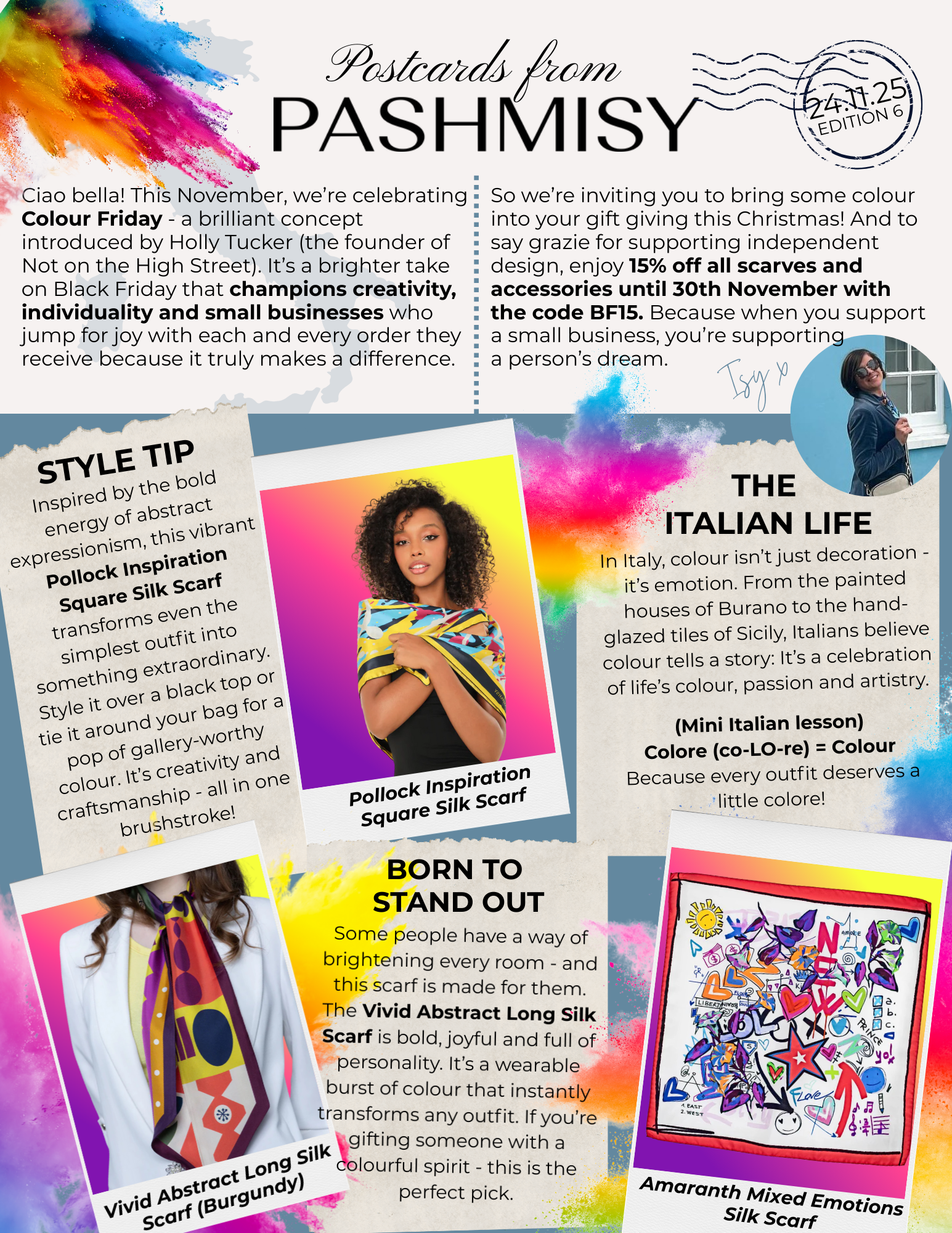 Colorful postcard promoting Pashmisy's Colour Friday, with sections describing scarves and accessories, featuring images of women wearing vibrant scarves, colorful paint splashes, and text about Italian life and styles.