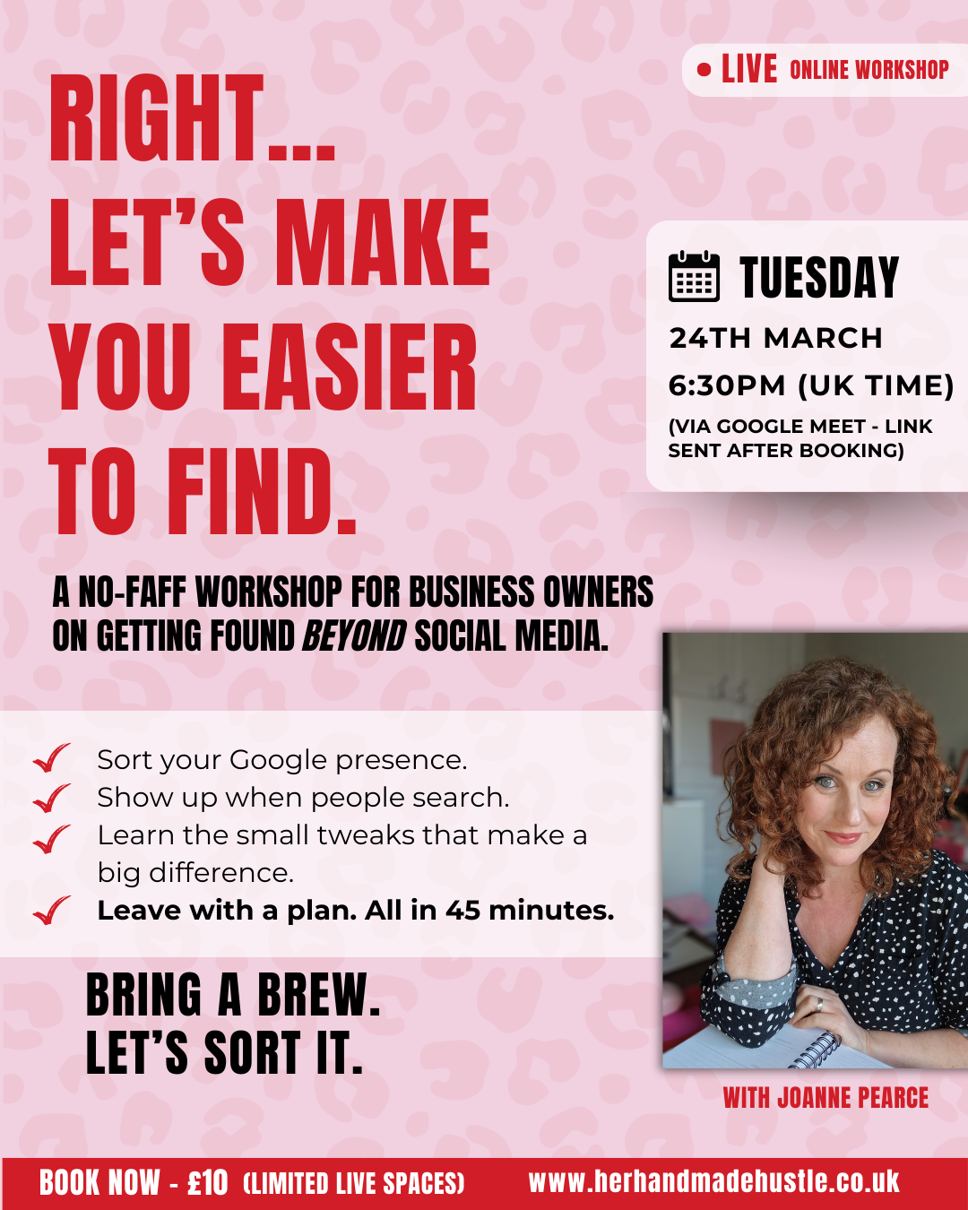 Live business visibility workshop with Joanne Pearce helping businesses improve Google presence and get found online.