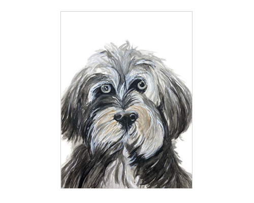 Painting of a dog with a shaggy coat and expressive eyes.