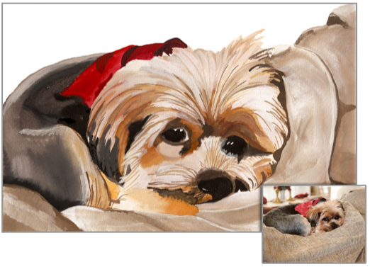 Painting of a cute small dog with tan fur resting on a blanket, with a small inset photograph of the dog as it appears in the painting.