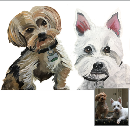Painting of two dogs, a small brown dog and a white dog with pointy ears, both wearing collars with tags. There is a smaller photo inset showing the same dogs.