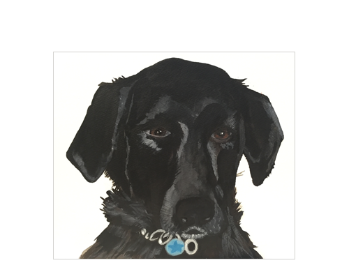 Painting of a black dog with a collar and blue tag, facing forward with a neutral expression.