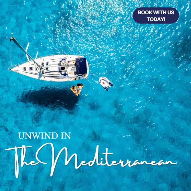 Aerial view of a sailboat in blue Mediterranean waters with a small inflatable boat nearby and a floating dock with a beach umbrella and lounge chairs. Text overlay promotes booking a trip.