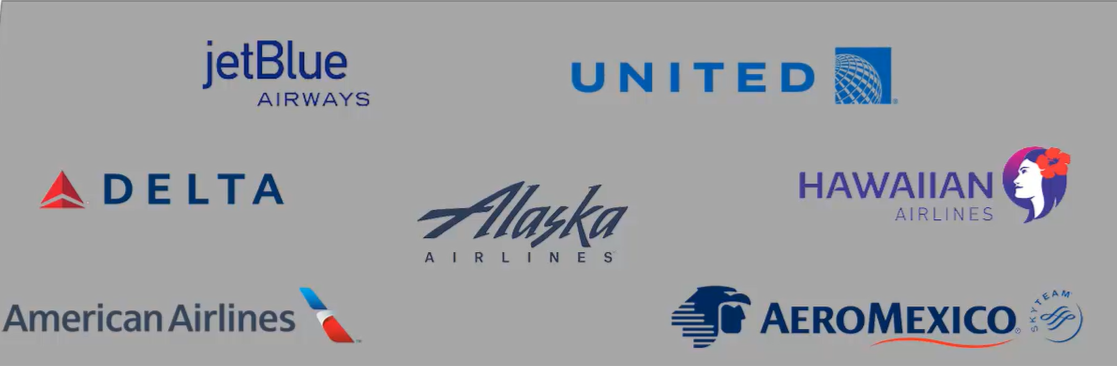 Logos of various airlines on a light gray background, including JetBlue Airways, United Airlines, Delta, Alaska Airlines, Hawaiian Airlines, American Airlines, AeroMexico, and SkyTeam.