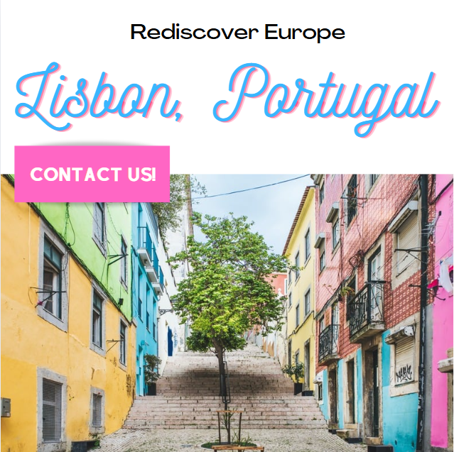 Colorful European street with pastel yellow, blue, pink buildings and a tree in the center, promoting travel to Lisbon, Portugal.