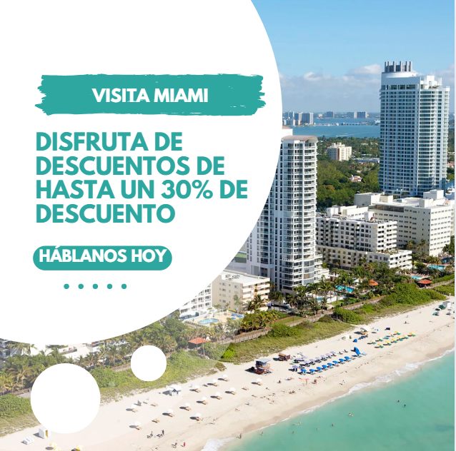 A promotional poster for Miami tourism offering discounts up to 30%, with text in Spanish and a cityscape with tall buildings and a beach in the background.