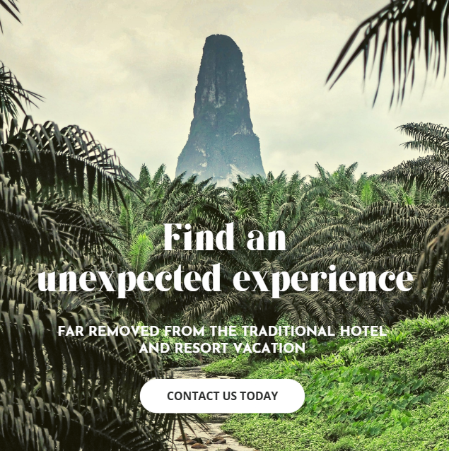 A lush tropical landscape with dense palm trees and a tall, pointed mountain in the background, promoting a unique travel experience away from traditional hotels.