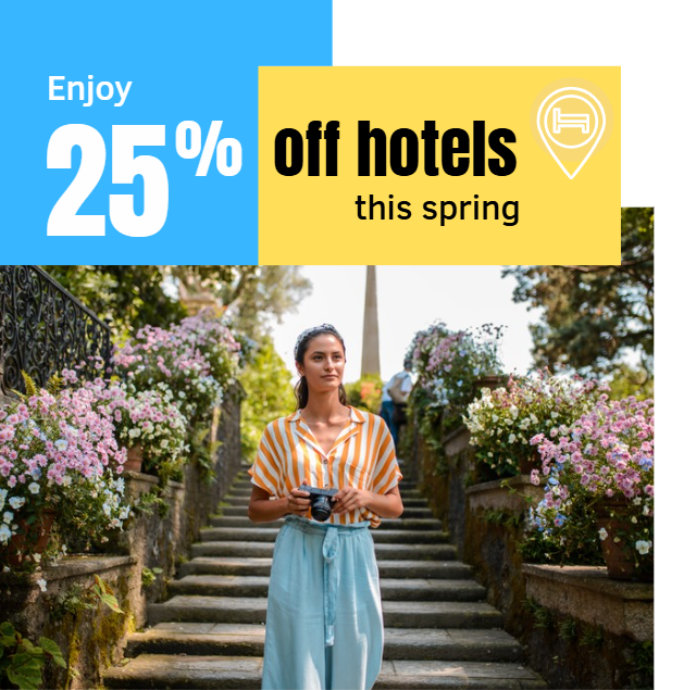 A woman holding a camera standing on a stone staircase surrounded by flowering plants and greenery, with promotional text overlaid that reads, 'Enjoy 25% off hotels this spring.'