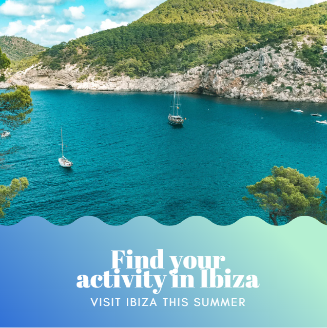 A scenic view of a bay with clear blue water, boats anchored near a lush green hillside, and a rocky coastline, promoting summer activities in Ibiza.