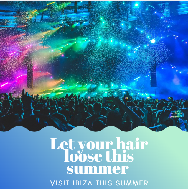 Crowd at a colorful outdoor concert or festival with stage lights and confetti, promoting visiting Ibiza this summer.