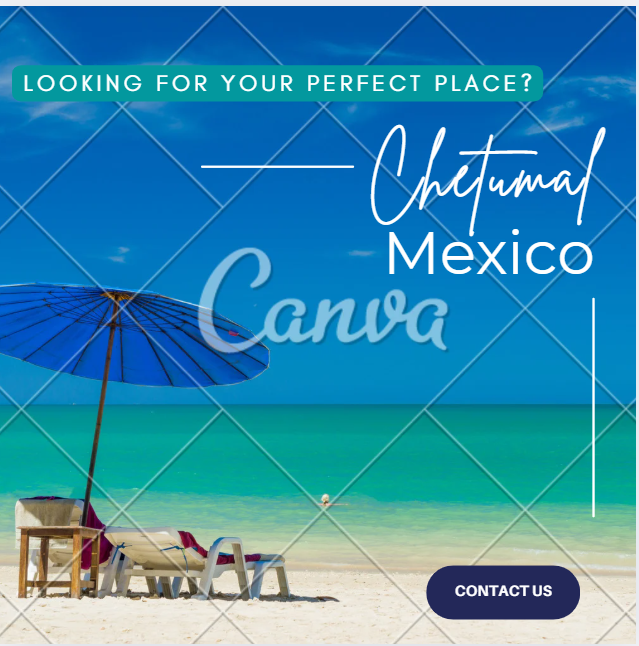 Beach scene in Cancún, Mexico with lounge chairs, a large blue umbrella, and a calm ocean under a clear blue sky.