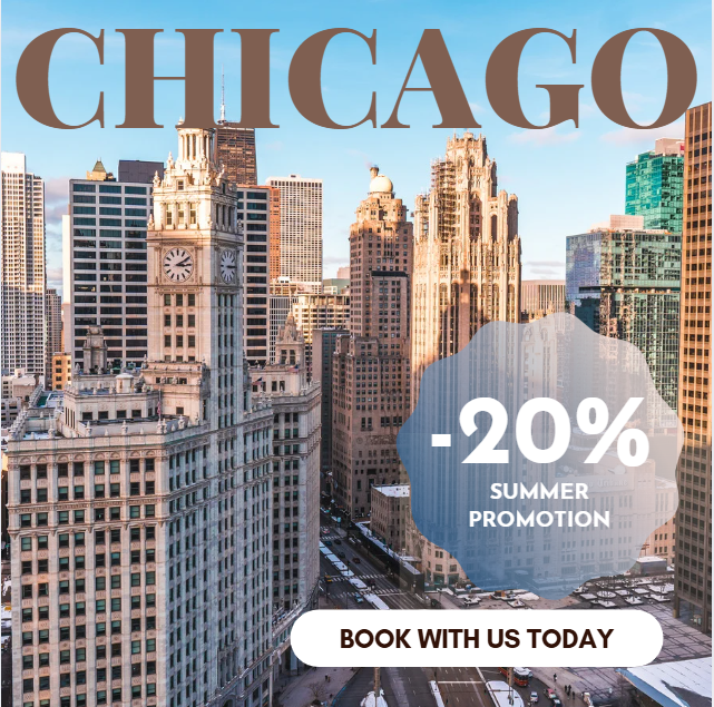 A cityscape of downtown Chicago with tall skyscrapers and historic buildings under a blue sky, advertising a summer promotion with a 20% discount, and prompting viewers to book with a call-to-action button.
