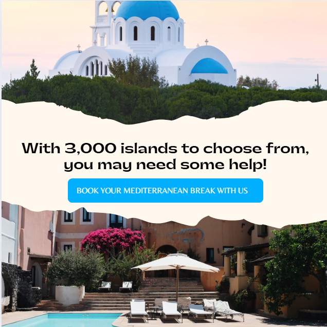 A promotional website for Mediterranean travel features an image of a white church with blue domes in Santorini, Greece, and a poolside scene with lounge chairs and umbrellas in a Mediterranean town.