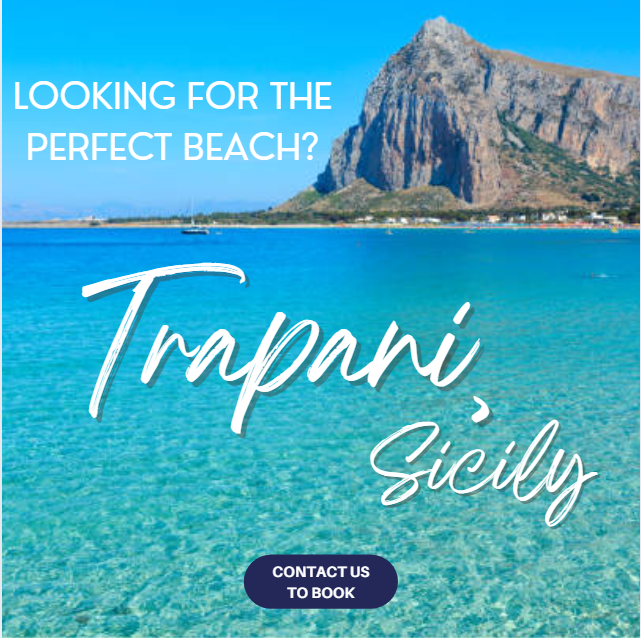 A scenic view of a turquoise beach with a mountain in the background and a boat on the water. Text promoting Trappani, Sicily, as a perfect beach destination.