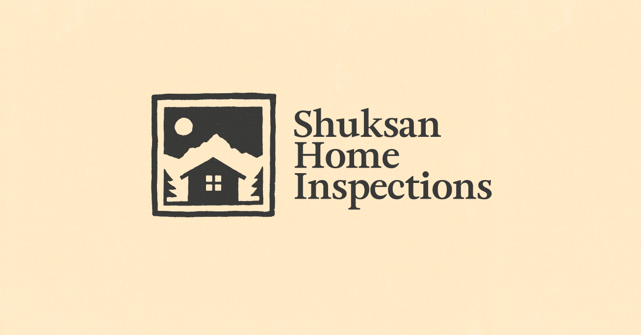 Logo of Shuksan Home Inspections featuring a black and white illustration of a house with trees, mountains, and a moon in a square frame