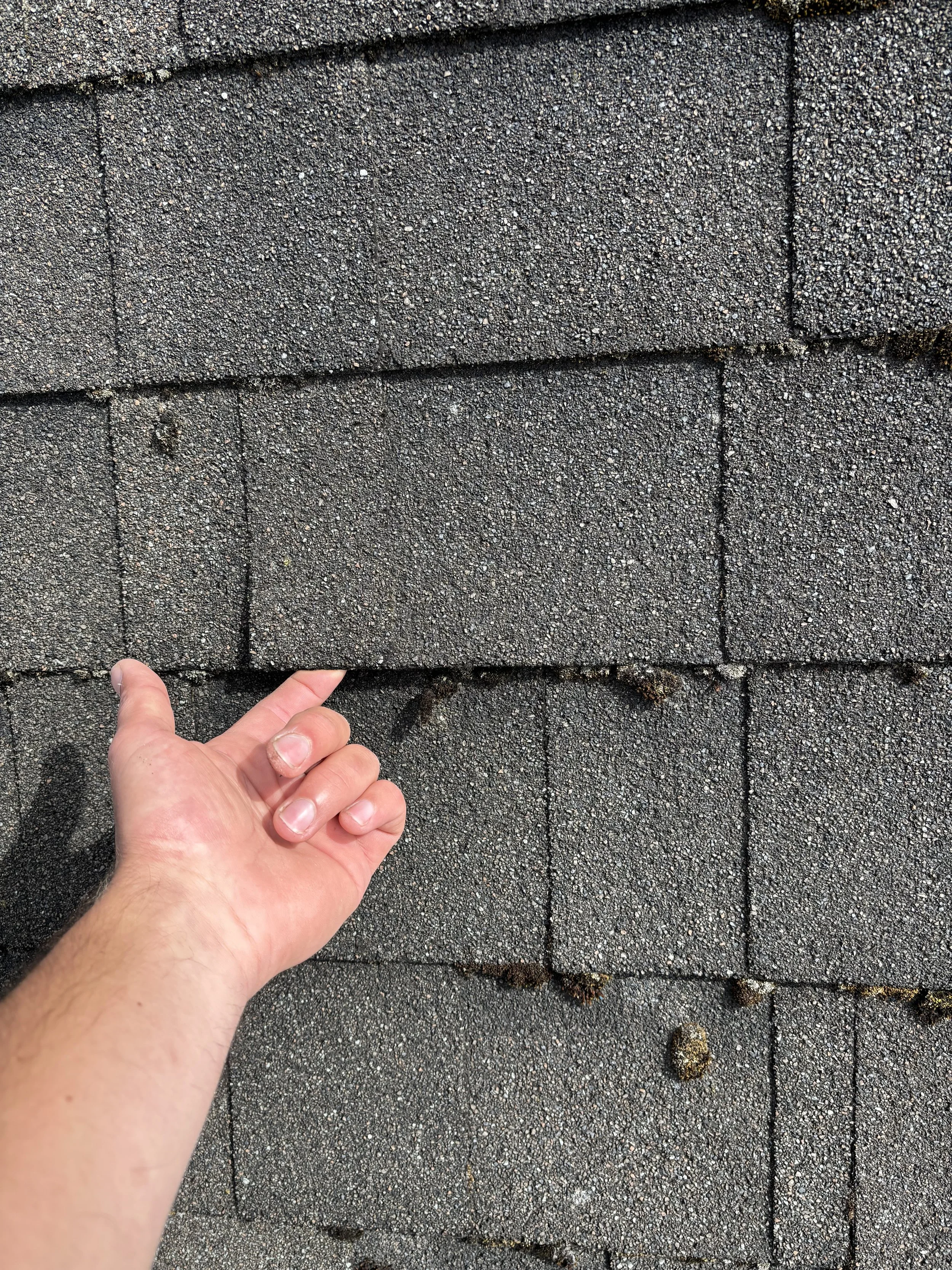 Close-up of a hand pointing to a small gap in the asphalt shingles on a roof.