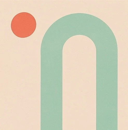 Minimalist abstract artwork featuring a large light teal U-shaped curve and a small orange circle on a beige background.