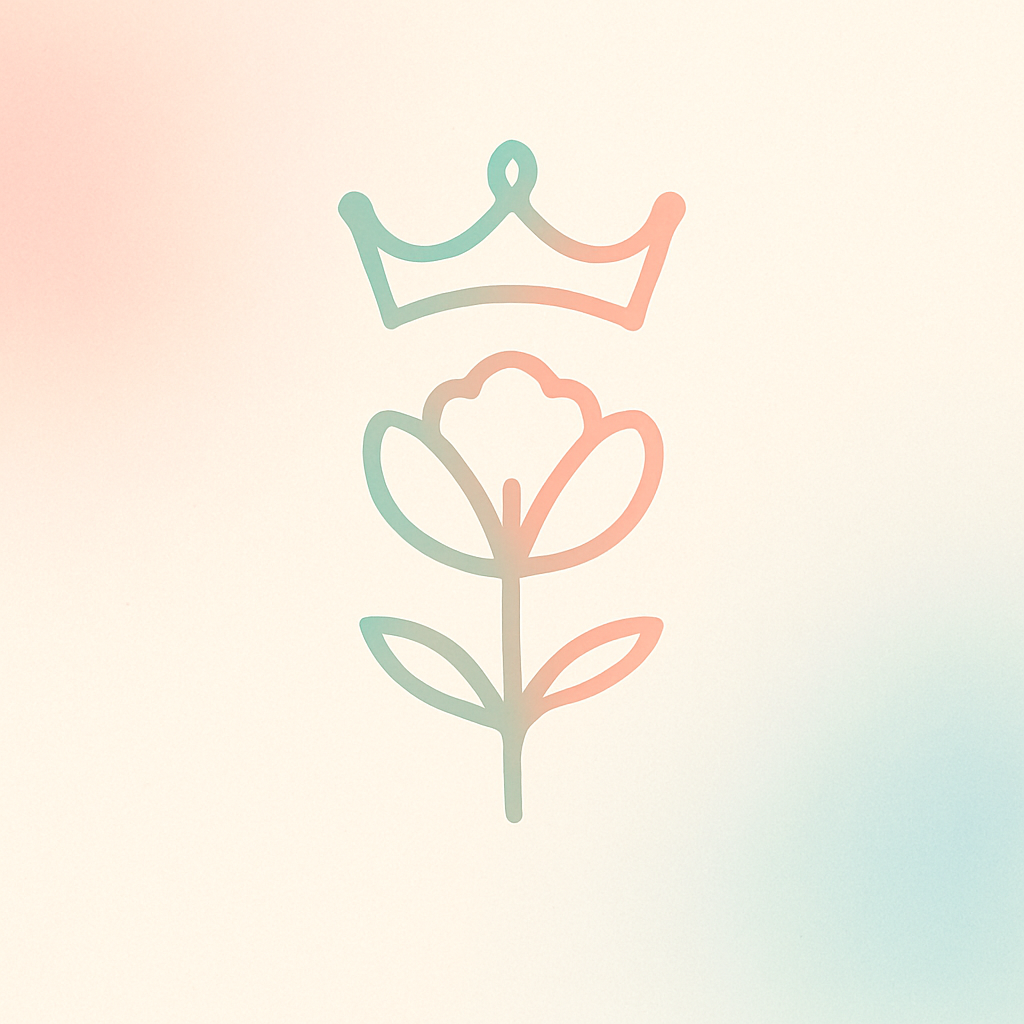 Minimalist line drawing of a flower with a crown on top, pastel colors.