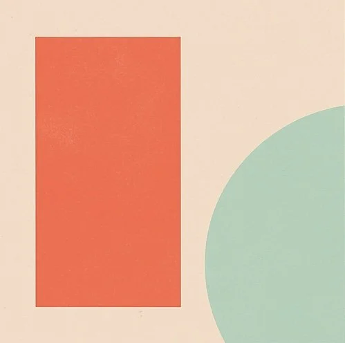 Red vertical rectangle and a light green circle on a beige background.