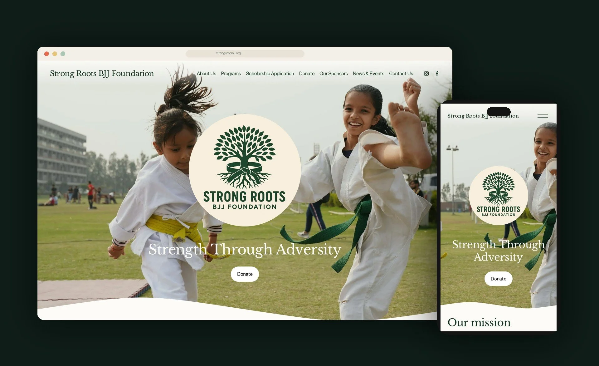 A website homepage for Strong Roots BJJ Foundation features children practicing martial arts outdoors, with the foundation's logo—a green tree with roots—in the center.