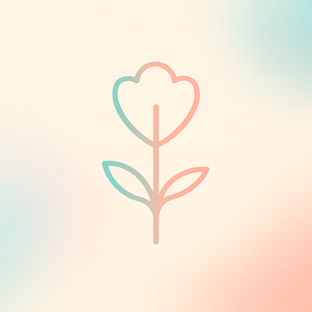 Minimalist illustration of a flower with a heart-shaped bloom and two leaves on a soft, pastel-colored background.