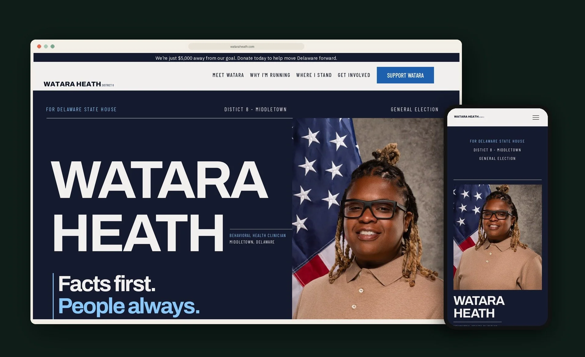 Website screenshot of Watara Heath's political campaign page, showing her portrait with American flag background, campaign slogan, and navigation menu.