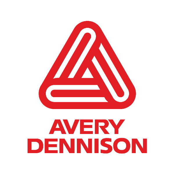 A logo featuring a red triangular design with interwoven lines and the text 'Avery Dennison' underneath.