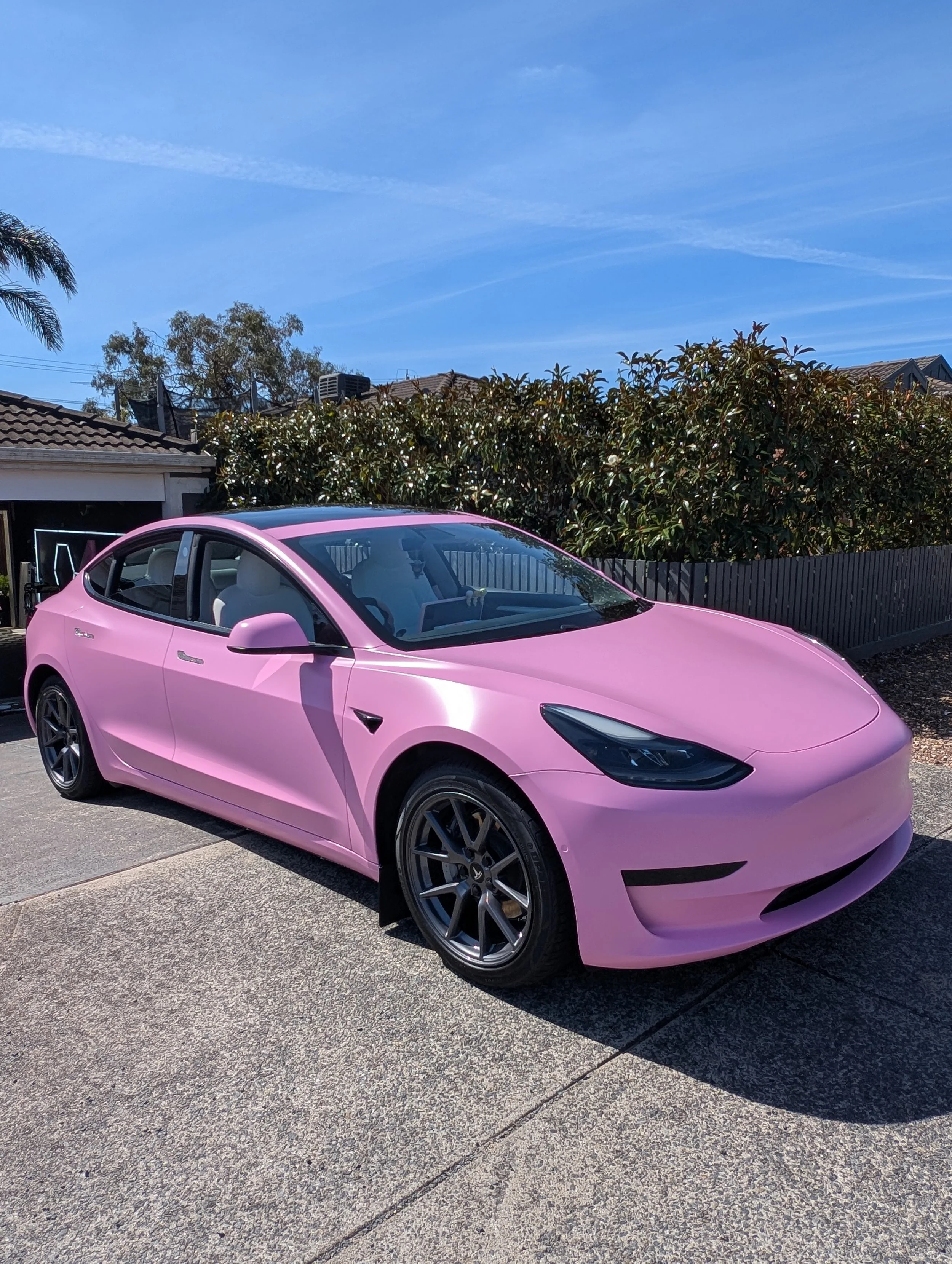 Pink Tesla Model 3 parked on driveway with bushes and houses in the background under a blue sky.