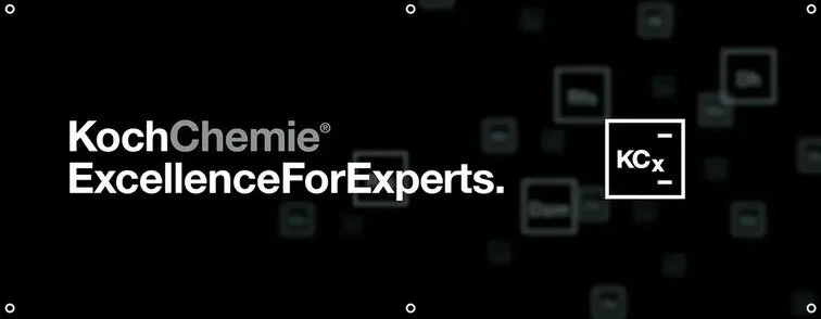 Koch Chemie logo with the tagline 'Excellence For Experts' on a black background with digital square icons.