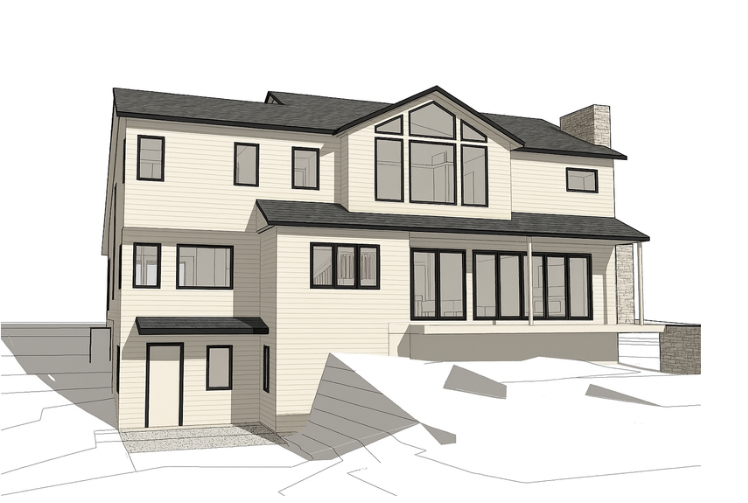 Rendering of a multi-story modern house with large windows and a sloped yard.