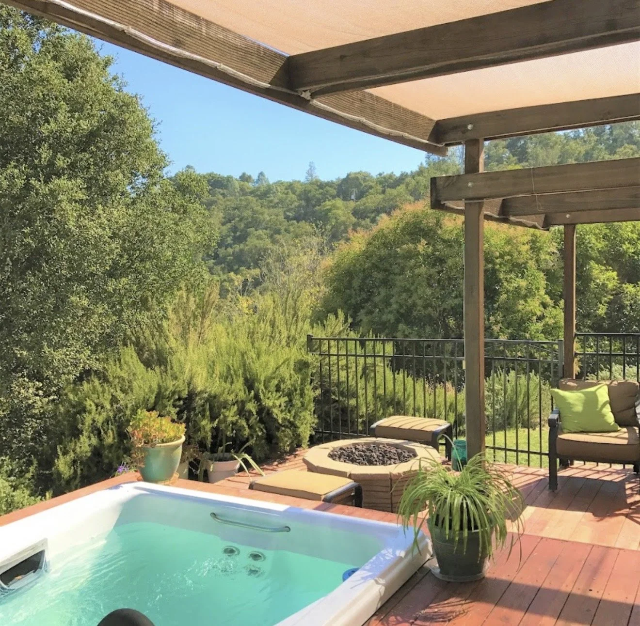 Outdoor patio at a residential care home in Atascadero, CA with seating and scenic Central Coast views