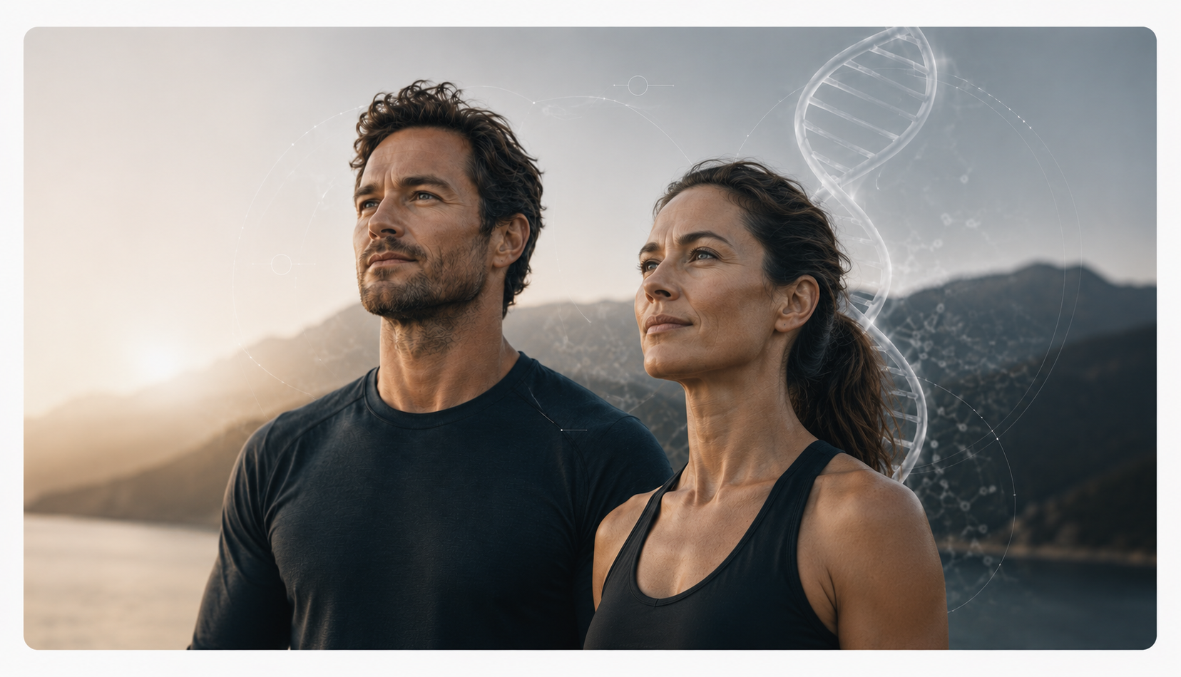 A man and woman standing outdoors with mountains in the background, both wearing athletic clothing, with a DNA strand graphic overlay.