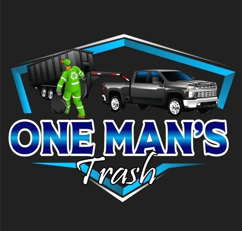 A graphic with a recycling person, a truck, and a pickup truck inside a blue-bordered hexagon. The text reads 'ONE MAN'S Trash' with 'Trash' written in a script font.