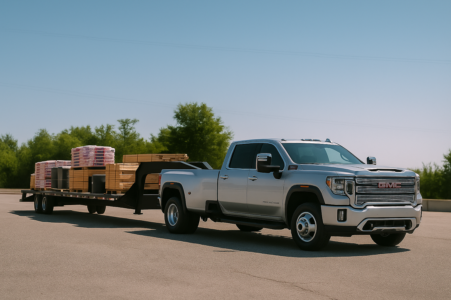 A silver GMC pickup truck pulling a flatbed trailer loaded with stacks of wooden planks and brass fittings on a highway with green trees and a blue sky in the background.