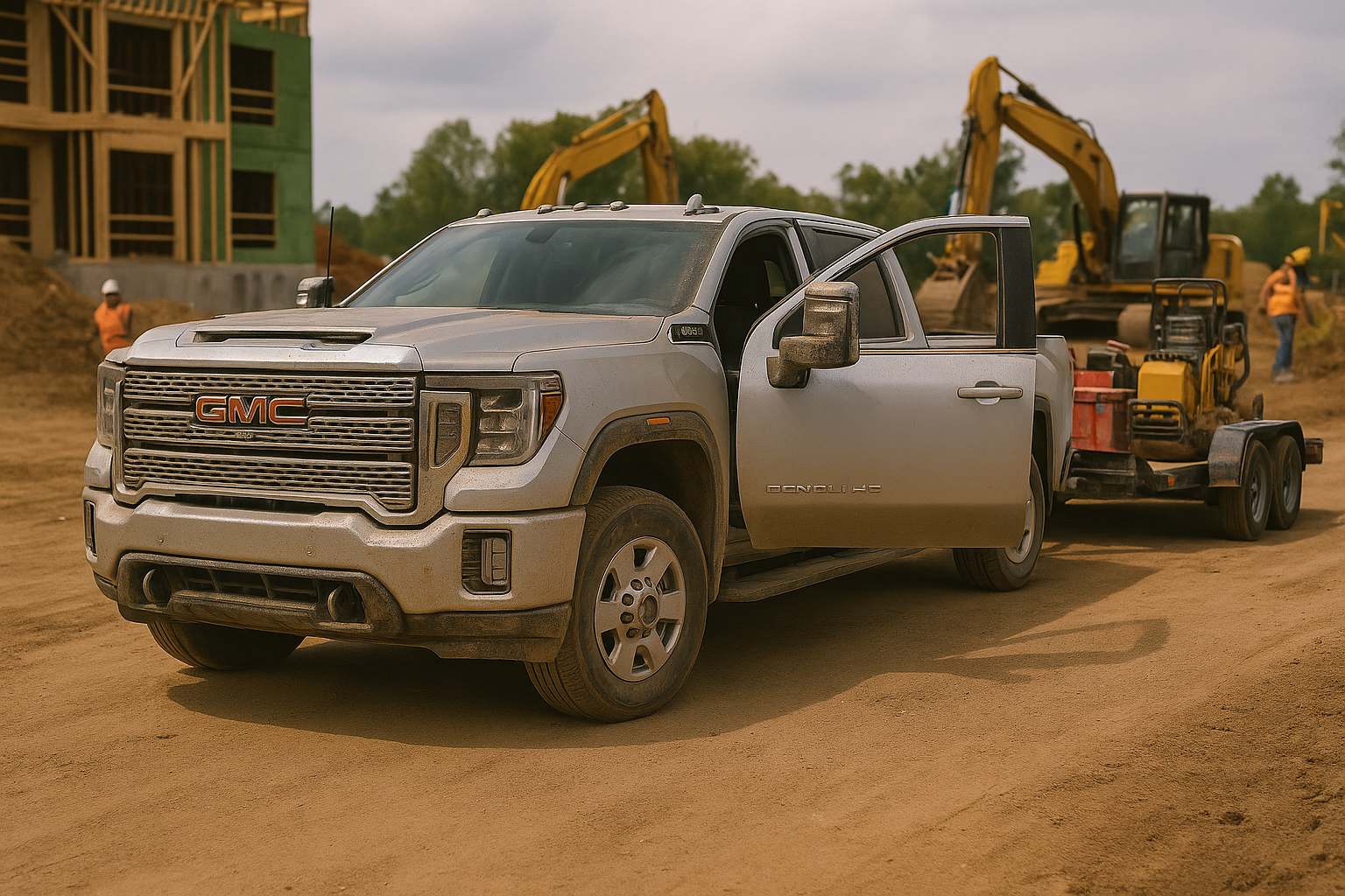 A silver GMC pickup truck is parked on a dirt construction site, with a construction trailer and two small excavators in the background, and workers inspecting the area.