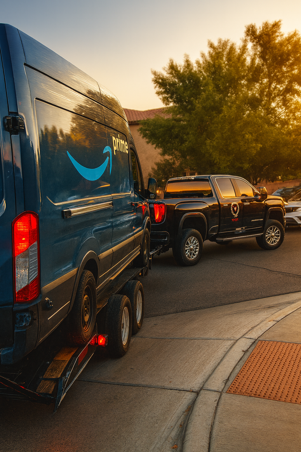 An Amazon Prime delivery van trailer is being towed by a pickup truck in a parking lot during sunset, with trees and a building in the background.