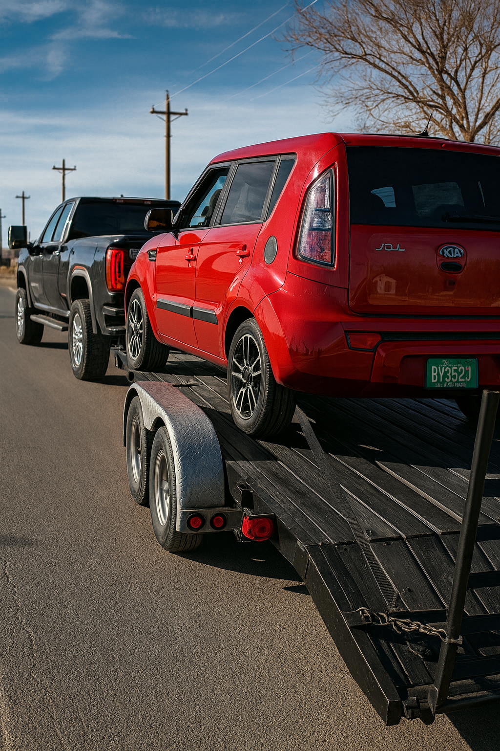 A red Kia Soul car loaded on a flatbed trailer, with a black pickup truck parked behind it, on a road with power poles and a tree in the background.