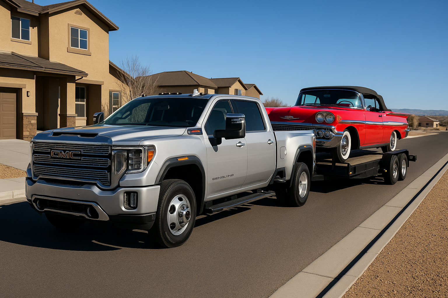 Silver GMC truck towing a red vintage convertible car on a trailer through a suburban neighborhood street.