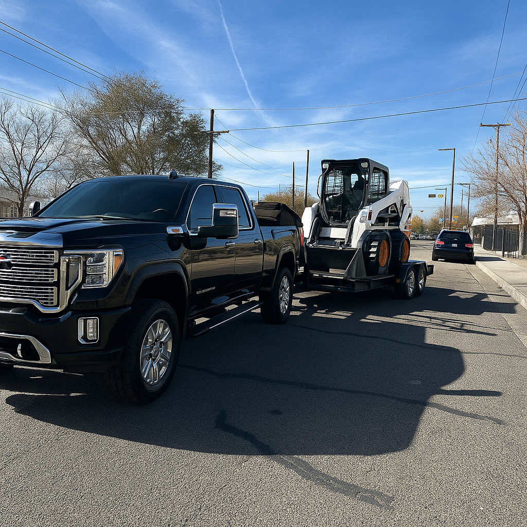 Black pickup truck with a construction loader on a trailer attached to it, parked on a street under a blue sky with leafless trees and power lines.