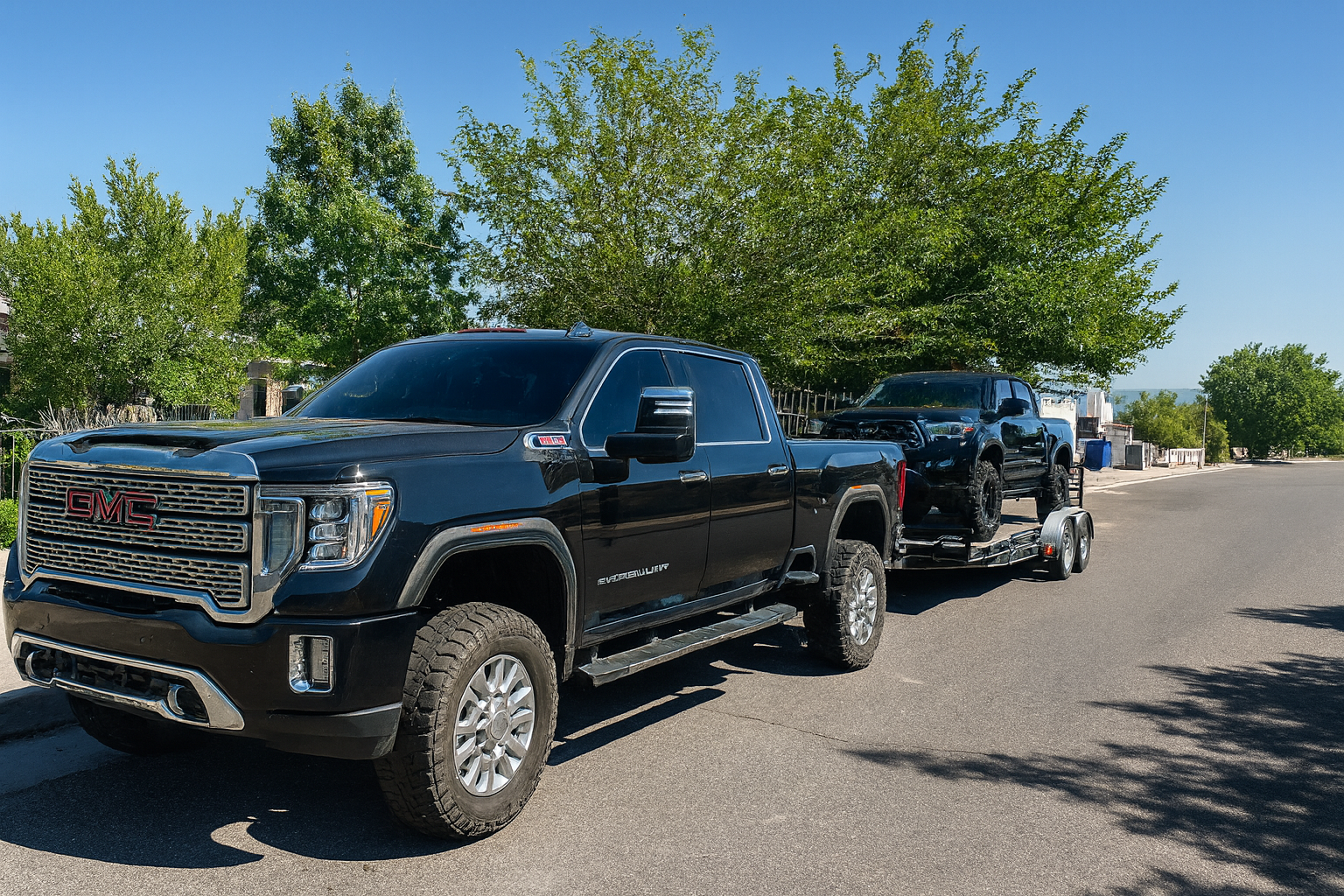 A black GMC pickup truck pulling a trailer with two black vehicles in a residential neighborhood on a sunny day.