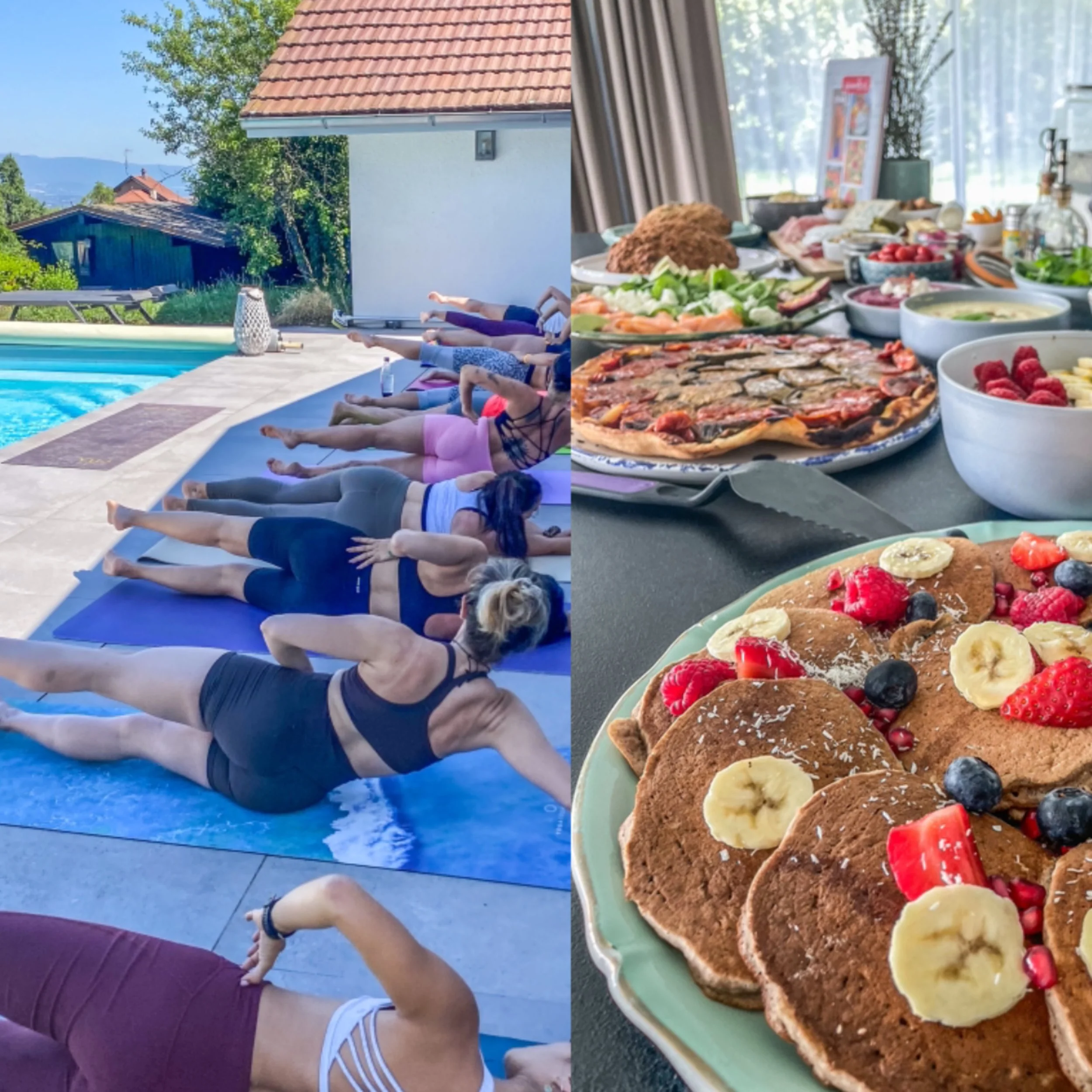 Groupe de personnes pratiquant le yoga près d'une piscine, à gauche. Sur la droite, un petit-déjeuner avec des pancakes, une pizza, divers plats, et des fruits rouges et bananes.