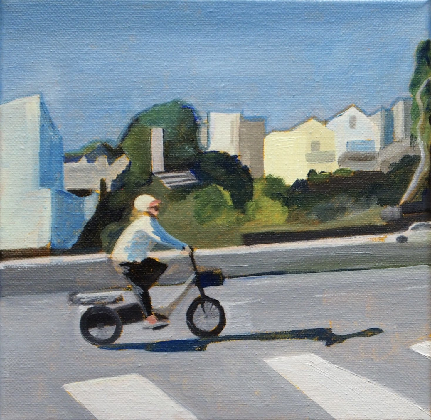 “Alemany  Bicylist.” 12”x12”. Oil on canvas. 2025