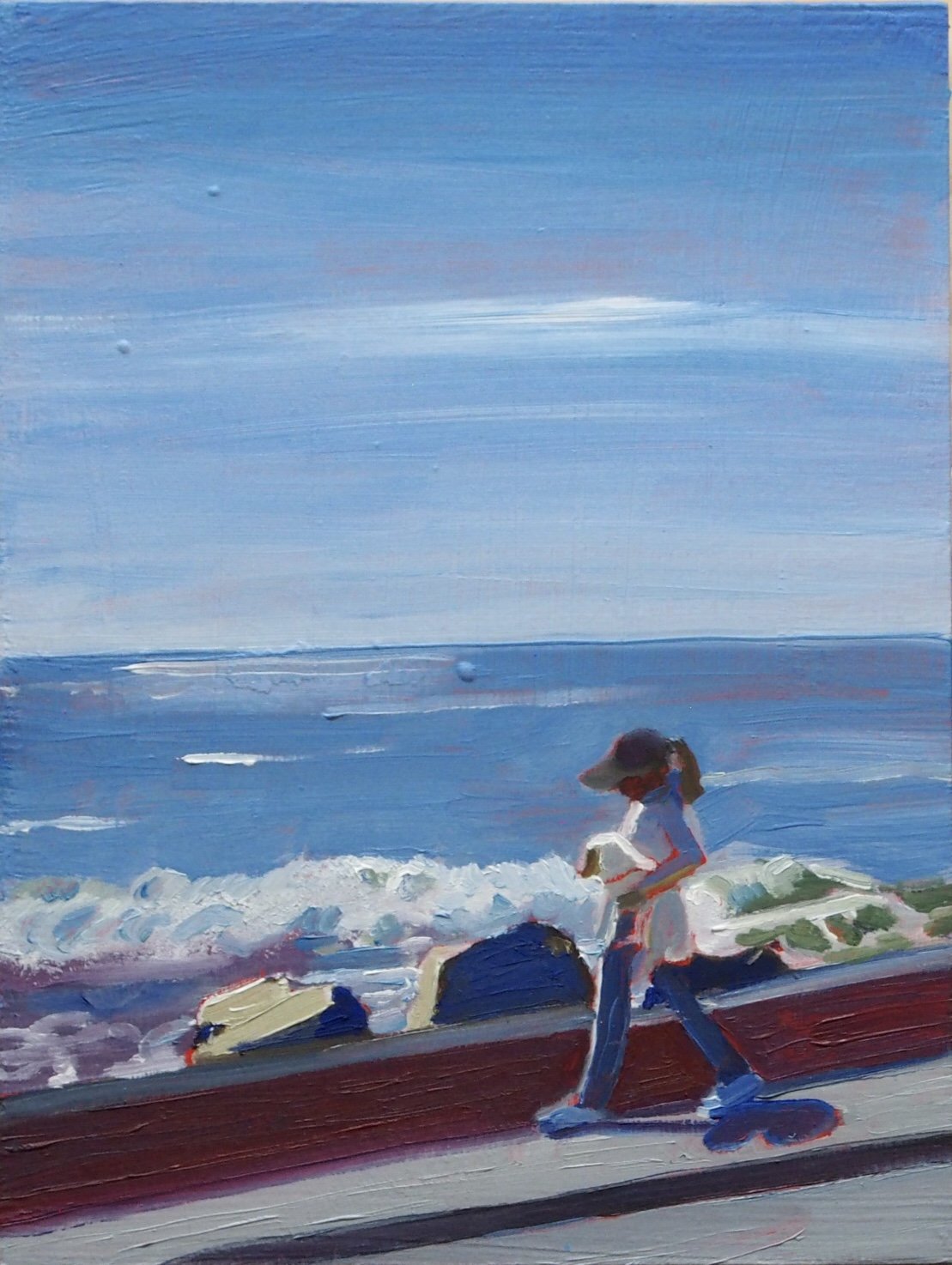 “Woman Holding Dog Half Moon Bay.” 14”x10”. Oil on wood. 2025