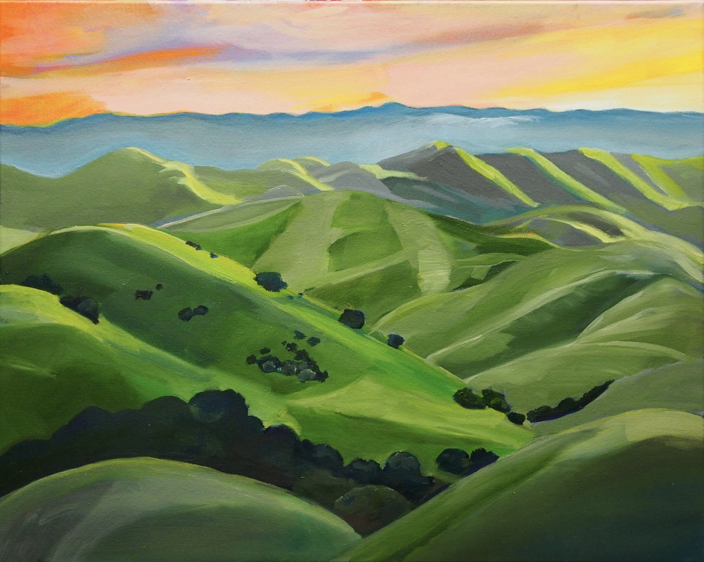 “East Bay Hills Sunset.” 16”x20”. Oil on canvas. 2025